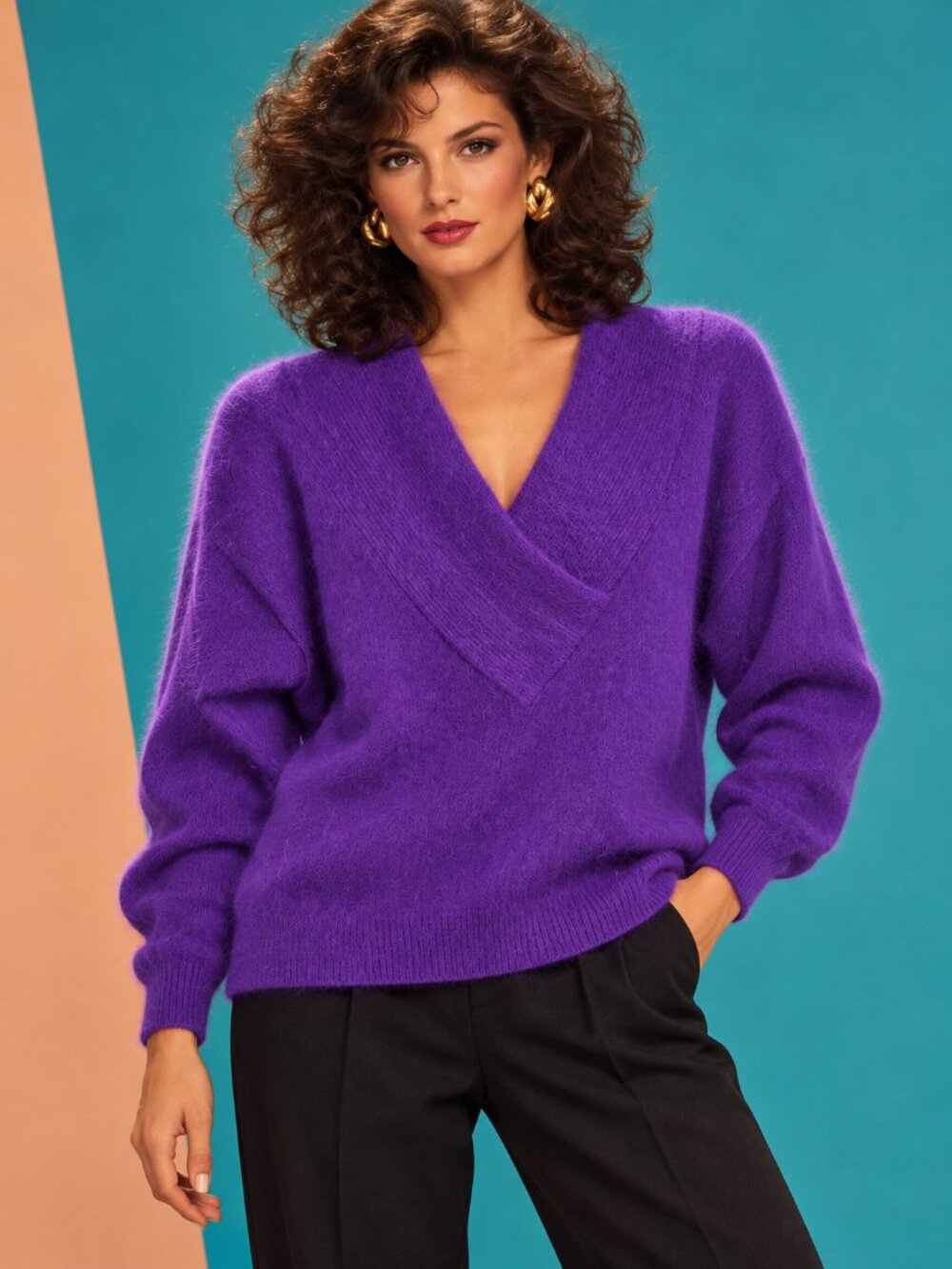 Vtg 80's Autograph Purple Angora Lambswool Sweater L Shawl Collar Fuzzy Pullover